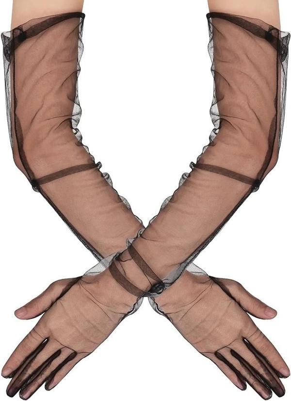Uzun Boy Likralı Siyah Renk Yetişkin Mega Tül Eldiven 53 Cm - Image 1