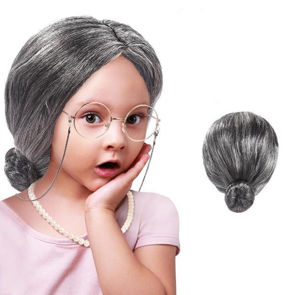 Gri Renk Yaşlı Peruğu Takma Saç Büyükanne Peruğu Yetişkin Çocuk Uyumlu - Image 1
