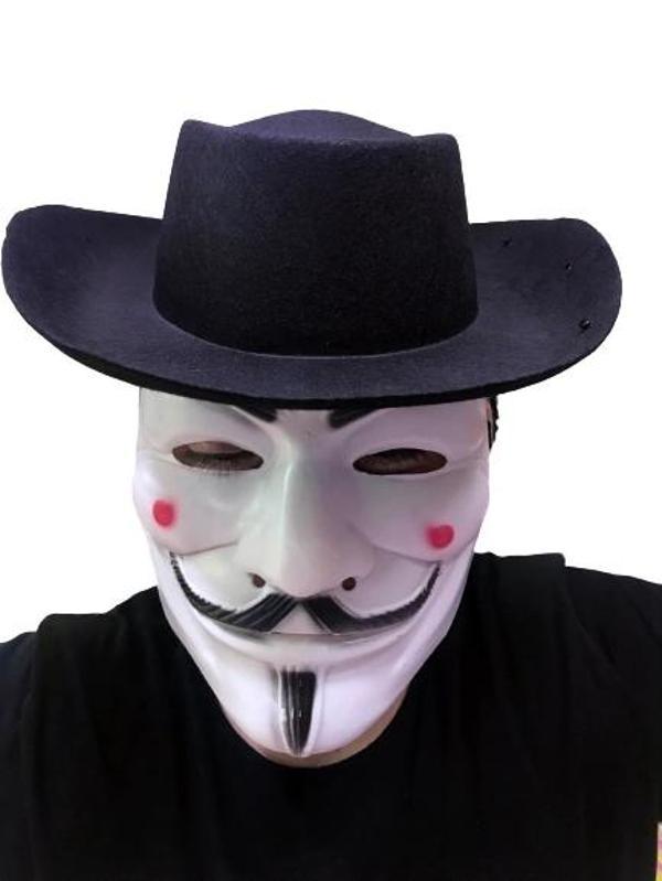 Siyah Renkli Delikli Çocuk Boy Vendetta Şapkası ve Vendetta Maskesi - Image 1