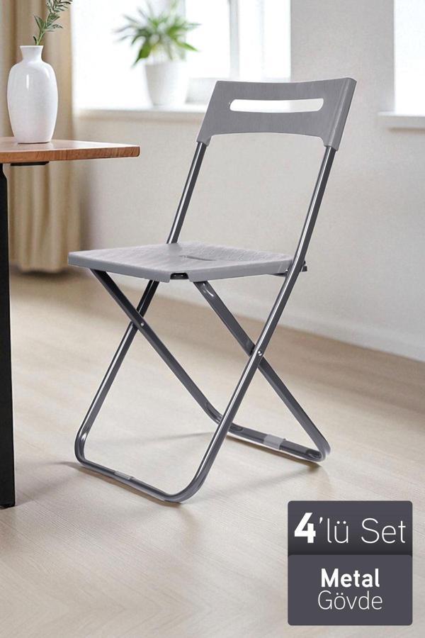 İronika Safran Katlanabilir Metal Gövdeli Sandalye Katlanır Mutfak Bahçe Kamp Sandalyesi Gri 4 Adet - Image 1