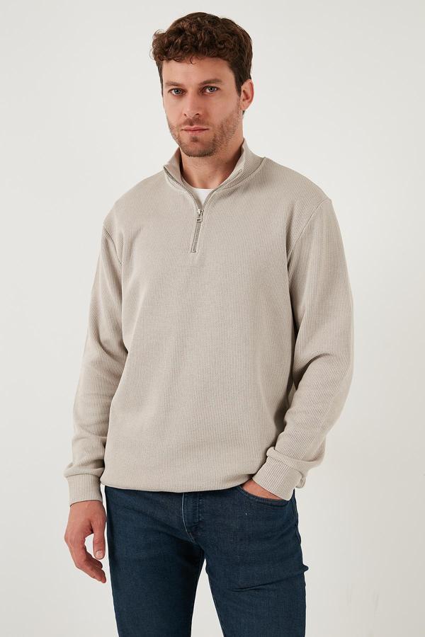 Buratti Pamuklu Relaxed Fit Yarım Fermuarlı Sıfır Yaka Örme Erkek Sweat 5901076 TAŞ - Image 1