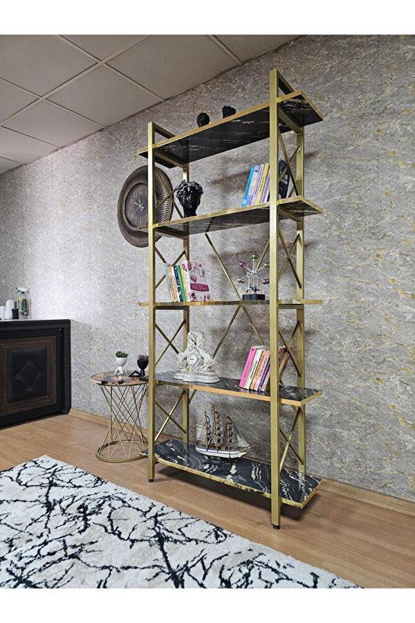 Çıkıntılı Gold Boyalı Kitaplık - 5 Raflı Suntalem Lüks Kitaplık Luand Gold Cumba - Image 1