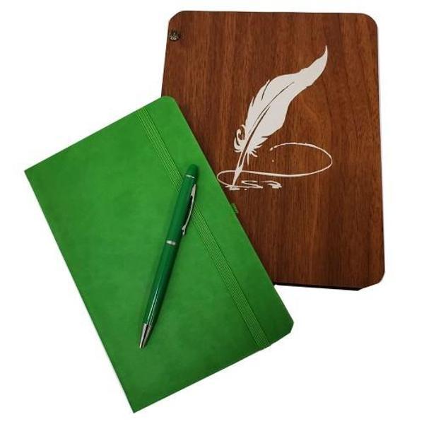 Dekoratif Yeşil Deri Kaplama Defter Ahşap Kutulu Hediyelik Vip Set - Image 1