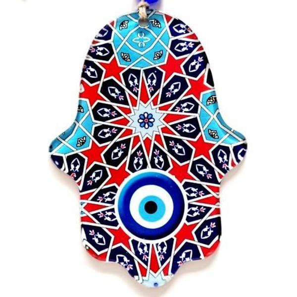 Yıldız Ve Nazar Boncuğu Desenli Fatma Ana Bereket Eli Füzyon Cam Duvar Süsü - Image 1