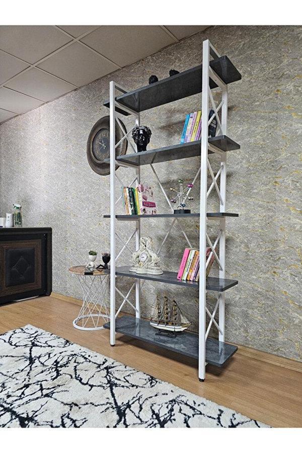 Çıkıntılı Beyaz Boyalı Kitaplık - 5 Raflı Suntalem Lüks Kitaplık Aris Gri - Image 1