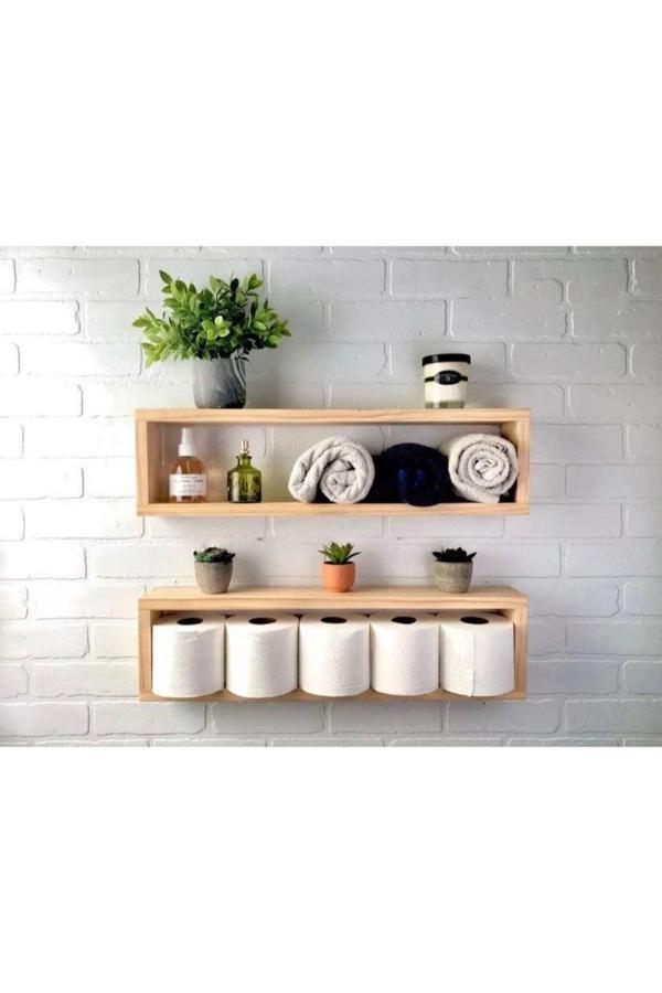 Sihirli Ekran Doğal Ahşap,Tuvalet Kağıtlığı, Tuvalet Kağıdı Standı,2'Li Raf Set Drk705 - Image 1