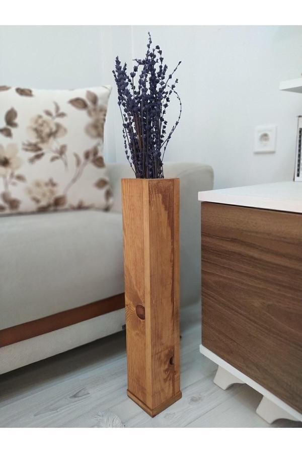 Üzüm Yaprağı Ahşap Vazo Pampas Yapay Çiçek Vazosu Uzun Biblo 49 Cm - Image 1