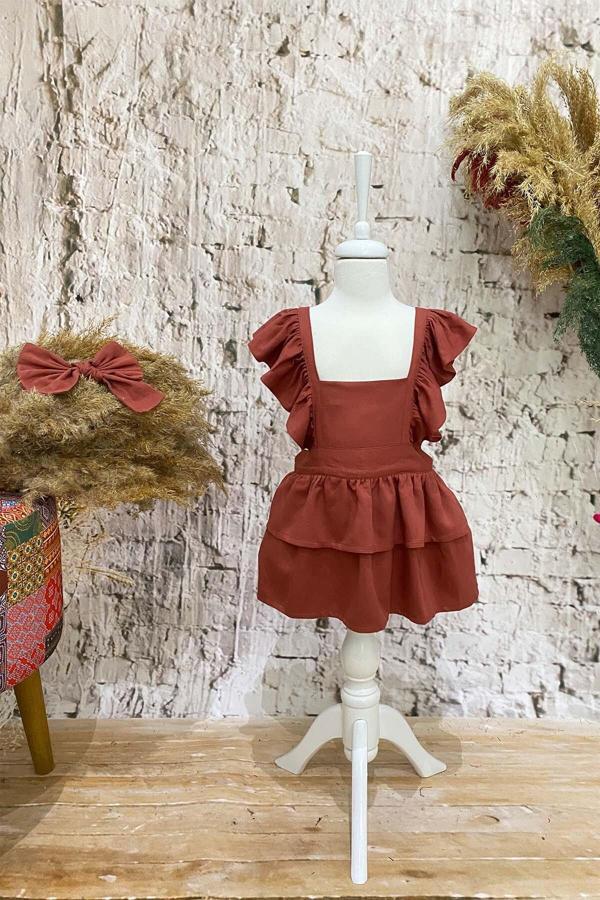 Shecco Babba Fırfırlı Kiremit Kız Çocuk Keten Elbise Bandana Takım Doğum Günü Elbisesi 6 Yaş Kırmızı - Image 1