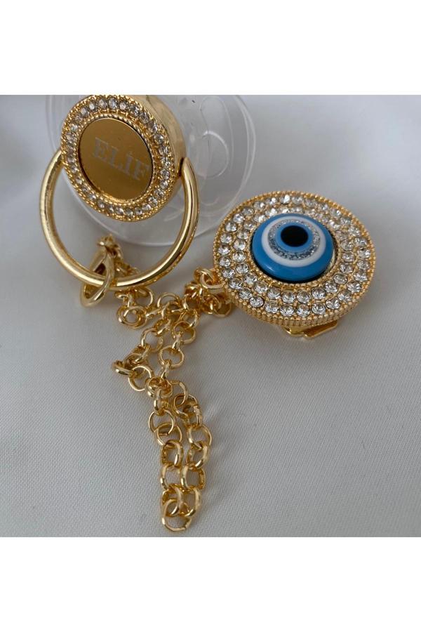 Tiny Wood Altın Kaplama İsimli Zirkon Taşlı Silikon Emzik Seti (0-6 Ay) – Damaklı & Kişiye Özel Şeffaf - Image 1