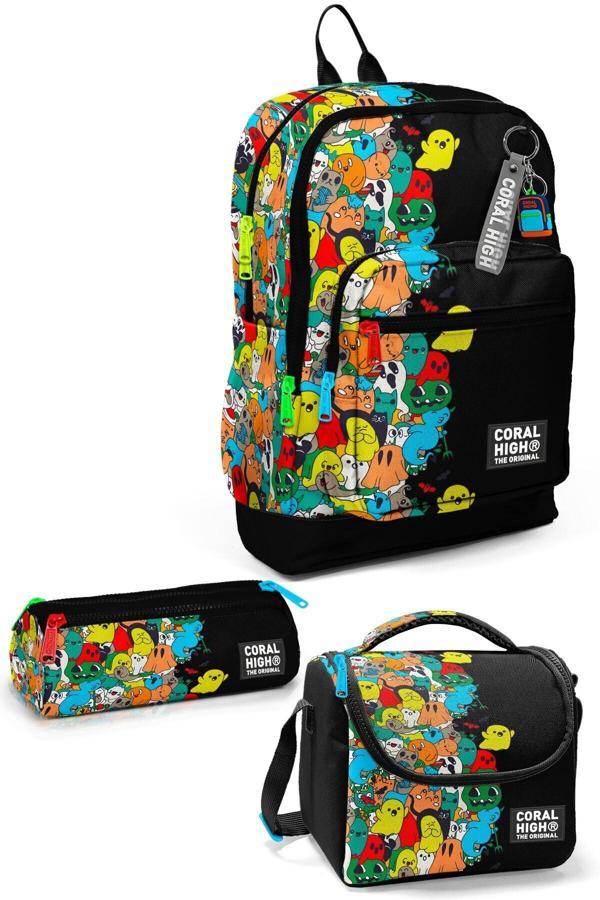 Coral High Siyah Karikatür Desenli 3’Lü Okul Çanta Seti İlköğretim Çanta Seti - Image 1