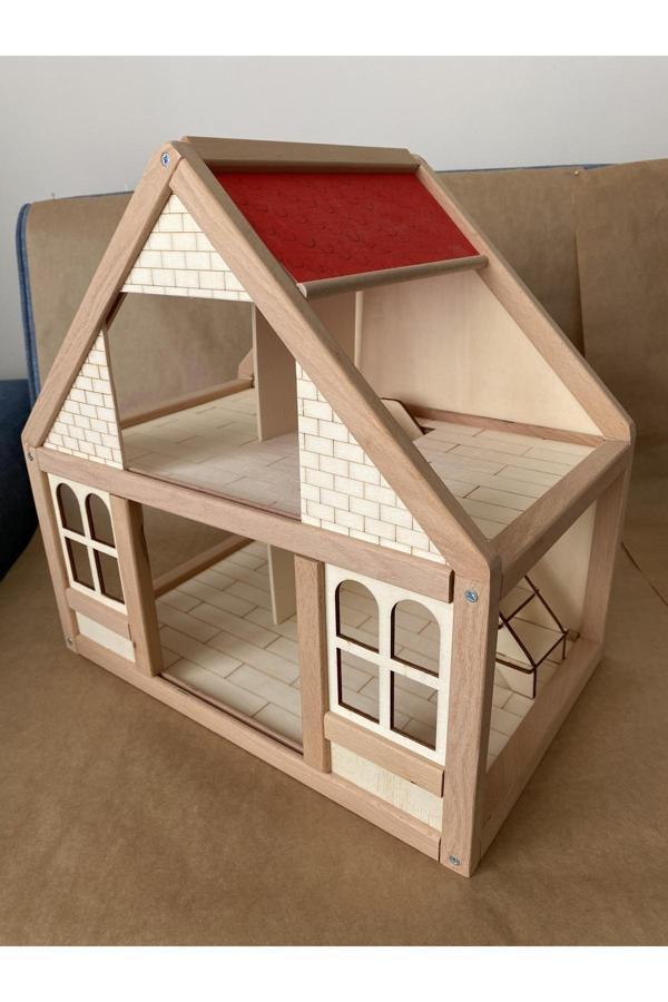 Tiny Wood Ahşap Oyun Evi Doğal Ahşap Montessori Oyun Evi Kırmızı Çatılı Ev - Image 1