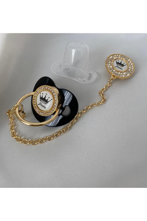 Tiny Wood Altın Kaplama “Prens ” Yazılı Emzik Seti – Zirkon Taşlı Pembe Emzik Ve Zincir - Image 1