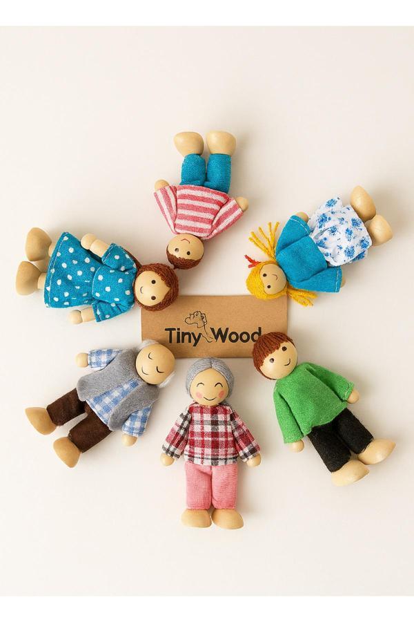 Tiny Wood Ahşap Kukla Aile Seti 6'Lı – Montessori Eğitim Oyuncağı, Oyun Evi Figürleri - Image 1