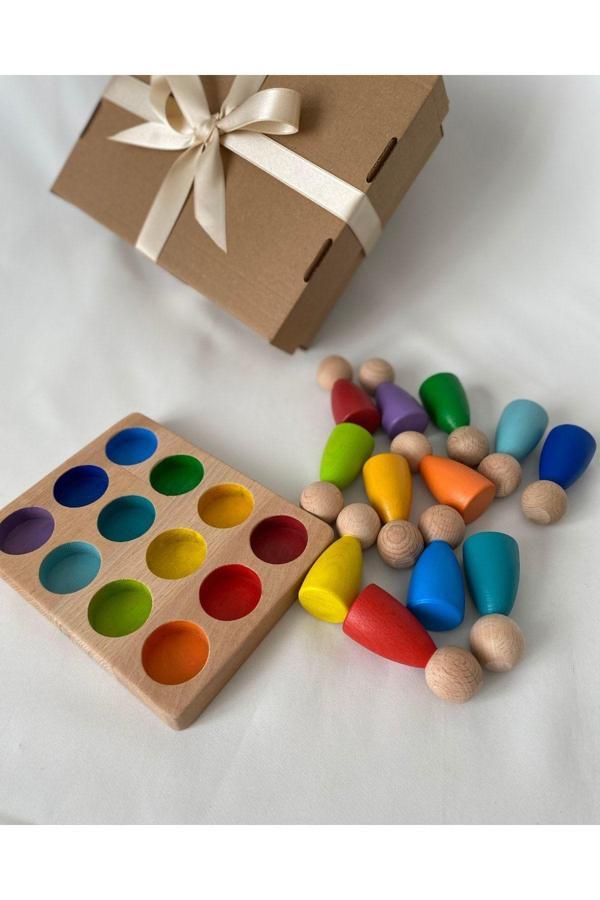 Tiny Wood Waldorf Renkli Peg Bebek Ve Tabla Eşleştirme 12 Li İnsan Figür, Eğitici Bebek Oyuncak Ahşap Oyuncak - Image 1