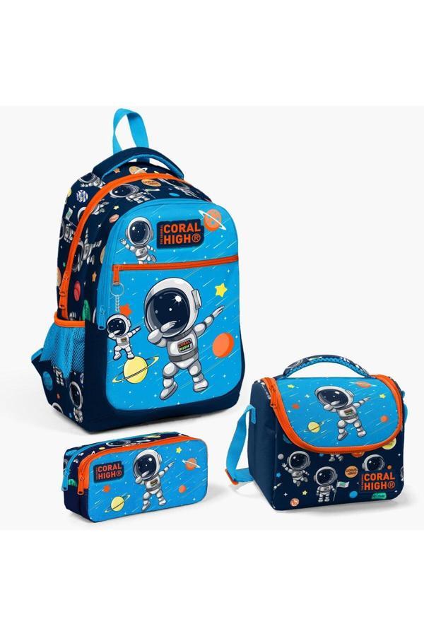 Coral High Lacivert Mavi Astronot Desenli 3’Lü Okul Çanta Seti Ilköğretim Çantası, Beslenme Ve Kalem Çantası - Image 1