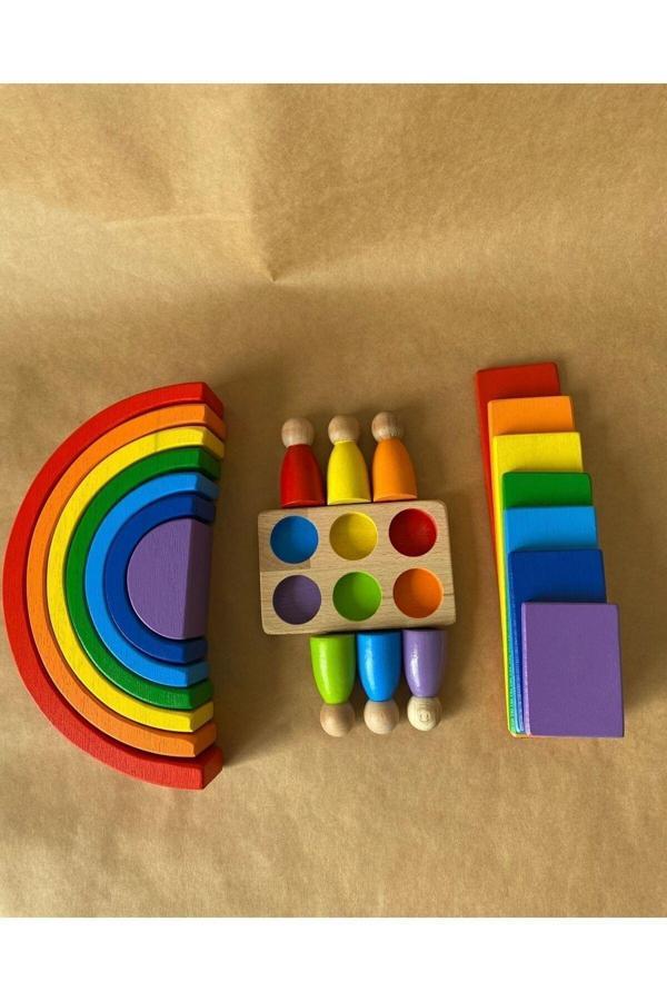 Tiny Wood 7 Li Waldorf Gökkuşağı, Dikdörtgen Düz Tabla Seti Ve 6 Lı Insan Figürleri Oyun Seti - Image 1