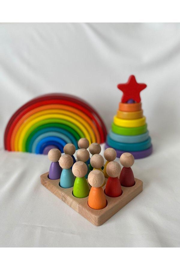 Tiny Wood 12'Li Waldorf Gökkuşağı, Yıldız Kule, Peg Bebek Tabla Seti, Waldorf Eğitsel Ahşap Oyuncak Jumbo Set - Image 1