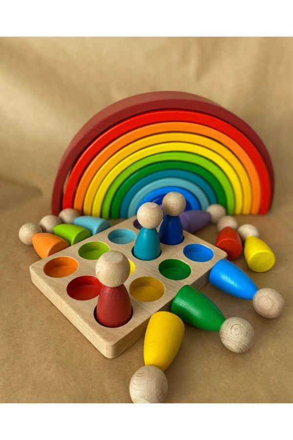Tiny Wood 1 Yaş 12'Li Waldorf Gökkuşağı Peg Bebek Tabla Seti, Waldorf Renk Eşleştirme Ahşap Oyuncak Seti - Image 1