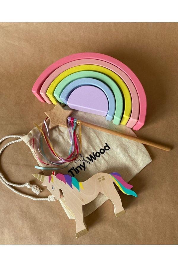 Tiny Wood Ahşap Waldorf Unicorn Gökkuşağı Değnek Oyuncak Seti Masal Oyuncakları - Image 1