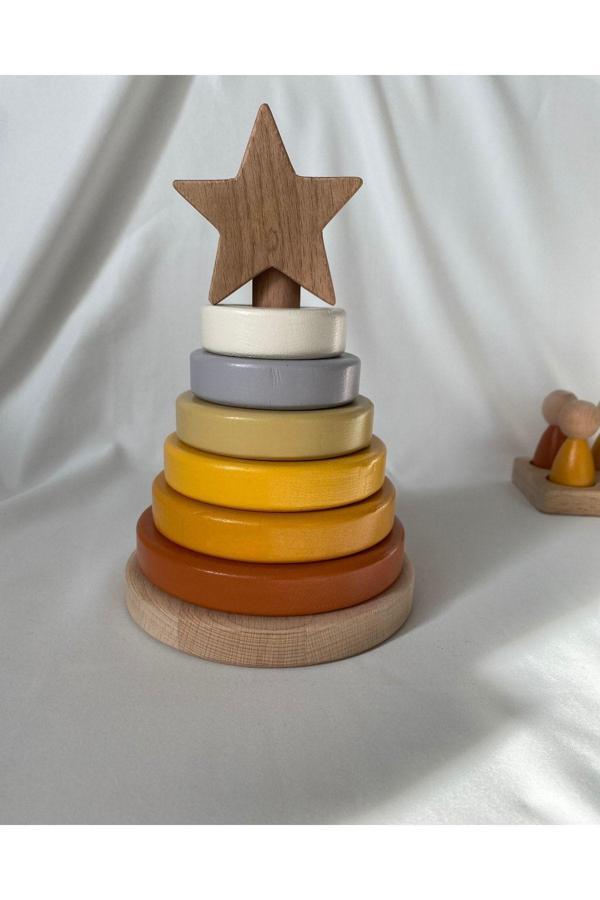 Tiny Wood Waldorf Yıldız Kule Ahşap Yıldız Kule Kahve Pastel Renk Ekolojik Oyuncak - Image 1