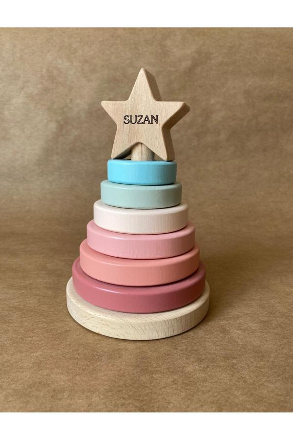 Tiny Wood İsme Özel Ahşap Yıldız Halka Kule | Montessori Eğitici Oyuncak & Dekoratif Ahşap Hanoi - Image 1