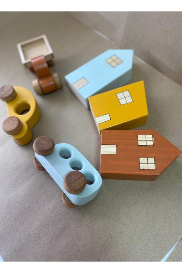 Tiny Wood Montessori Ahşap Ev Ve Araba Seti - 6'Lı Eğitici Oyuncak Set - Image 1