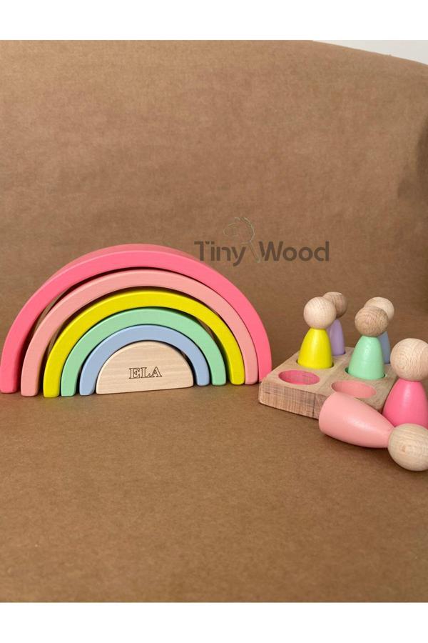 Tiny Wood İsme Özel Waldorf 6 Parçalı Gökkuşağı Ve 6’Lı Peg Bebek Tabla Seti – Eğitici Ahşap Oyuncak - Image 1