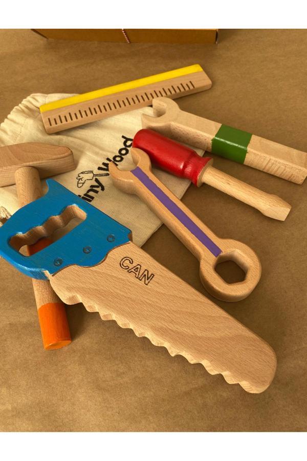 Tiny Wood İsme Özel Renkli Ahşap Oyuncak Tamir Seti – Doğal Masif Montessori Oyuncak - Image 1