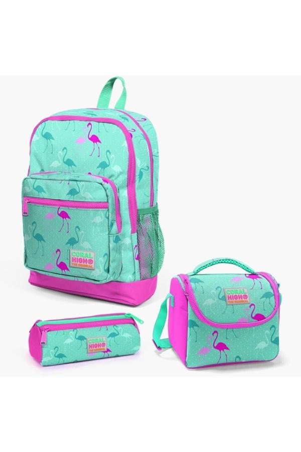 Coral High Su Yeşili Neon Pembe Flamingo Desenli 3’Lü Okul Çanta Seti - Image 1