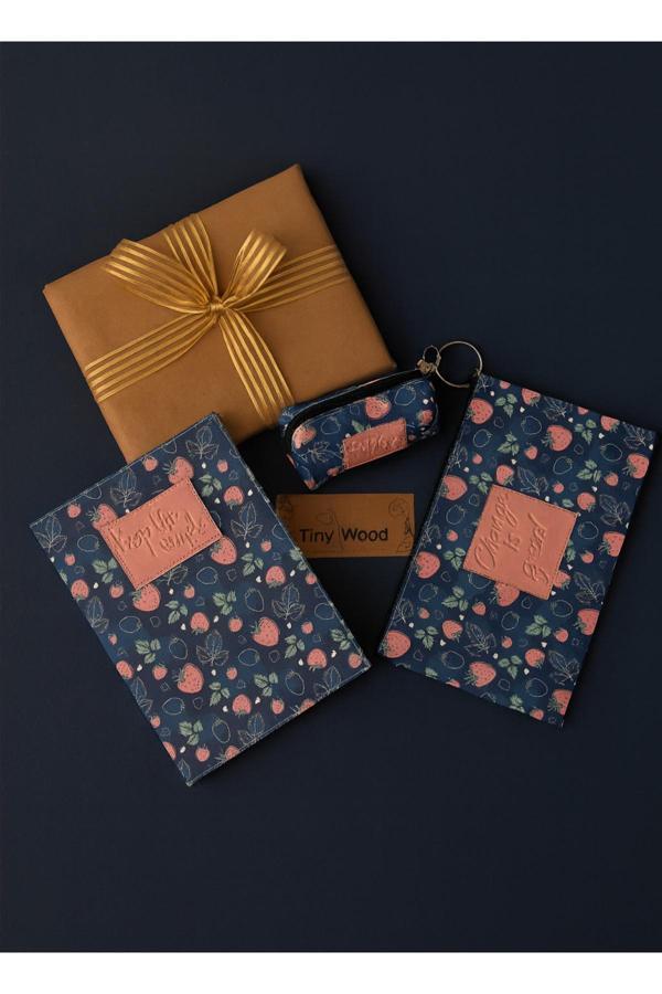 Tiny Wood Kadın Hediye Seti – Defter, Anahtarlık Ve Çanta Organizer | Desenli Deri Kapaklı Defter - Image 1