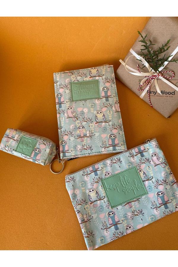 Tiny Wood Çilek-Baykuş Desenli Deri Kaplı Defter Seti | 14X20 Cm Çizgili Defter - Image 1