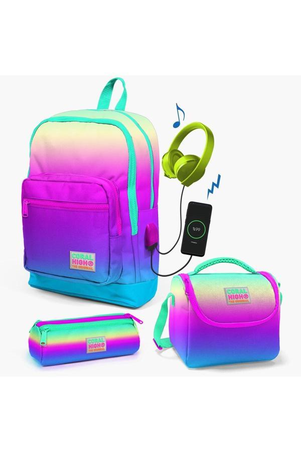 Coral High Kids Renk Geçişli Usb'Li 3’Lü Okul Çanta Seti Okul Çantası Beslenme Ve Kalem Çantası - Image 1