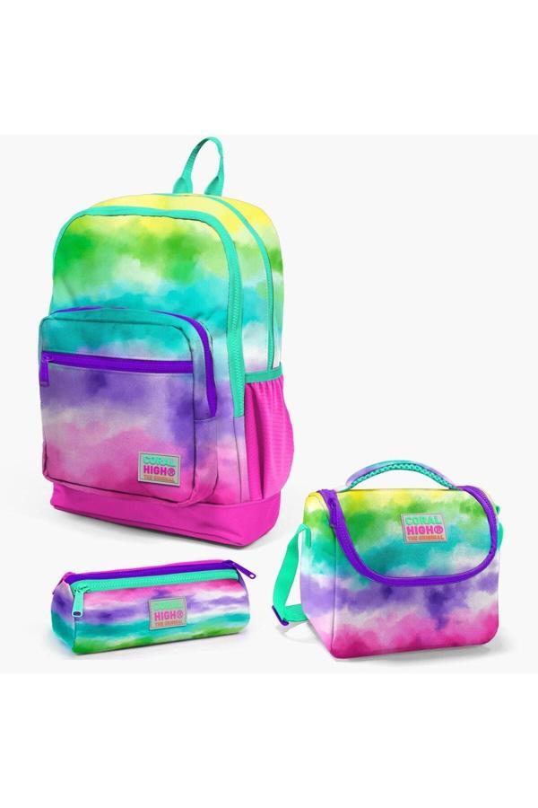 Coral High Renkli Batik Desenli 3’Lü Okul Çanta Seti İlköğretim Okul Çantası, Beslenme Ve Kalemlik Seti - Image 1