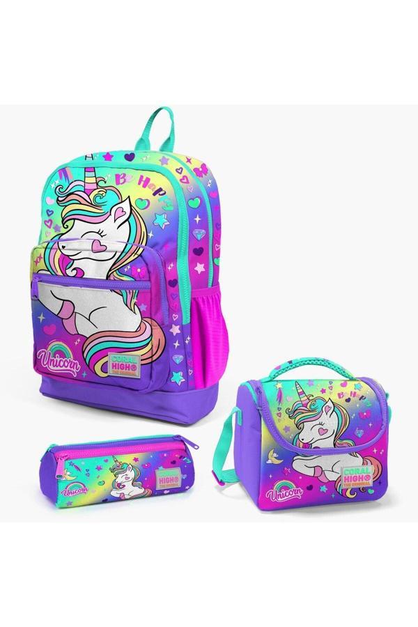 Coral High Kids Lavanta Su Yeşili Unicorn Desenli 3’Lü Okul Çanta Set Beslenme Kalemlik İlköğretim Seti - Image 1
