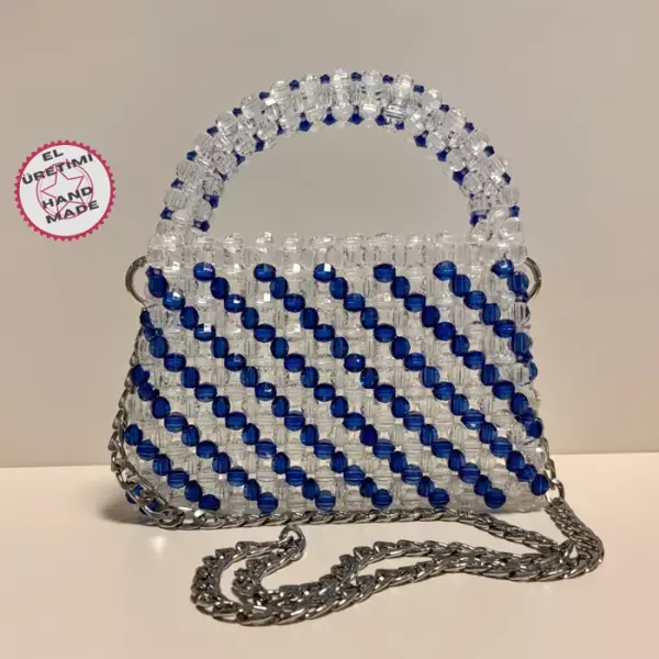 Uretti - Nuran 9092 El  Yapımı Şeffaf Kristal Boncuk  Abiye Çanta 13cm - Beyaz / Mavi - Image 1