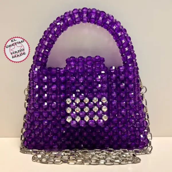 Uretti - Nuran 9092 El  Yapımı Şeffaf Kristal Boncuk  Abiye Çanta 13cm - Mor / Gümüş - Image 1