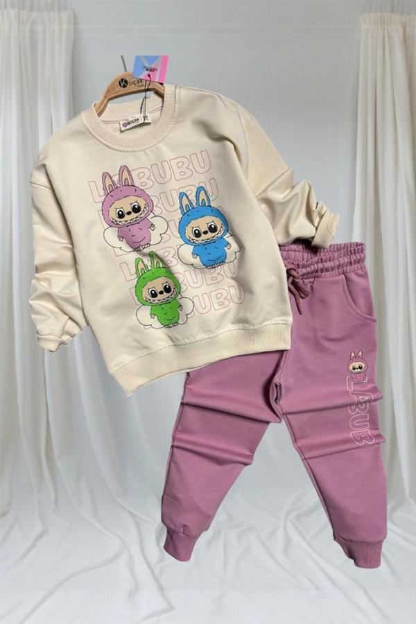 Labubu Desenli Kız Çocuk Pembe Renk Eşofman Takım 2 li Set - Image 1