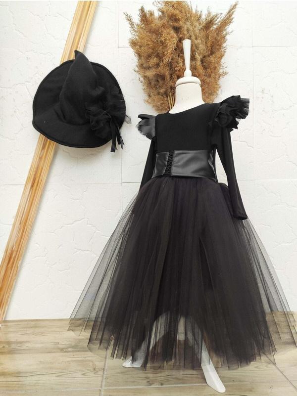 Shecco Babba Kız Çocuk Gotik Tütü Elbise - Siyah Cadı Kostümü - Çocuk Halloween Elbisesi 1 Yaş Siyah - Image 1