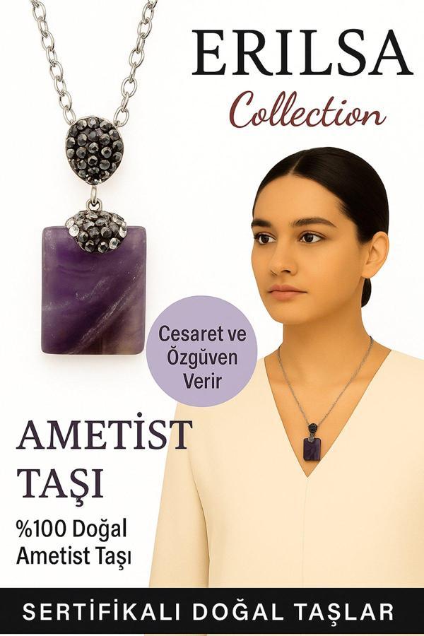 Sertifikalı Zirkon Taşlı Model Doğal Ametist Taşı Kolye – Cesaret ve Özgüven Veren Şık Tasarım - Image 1