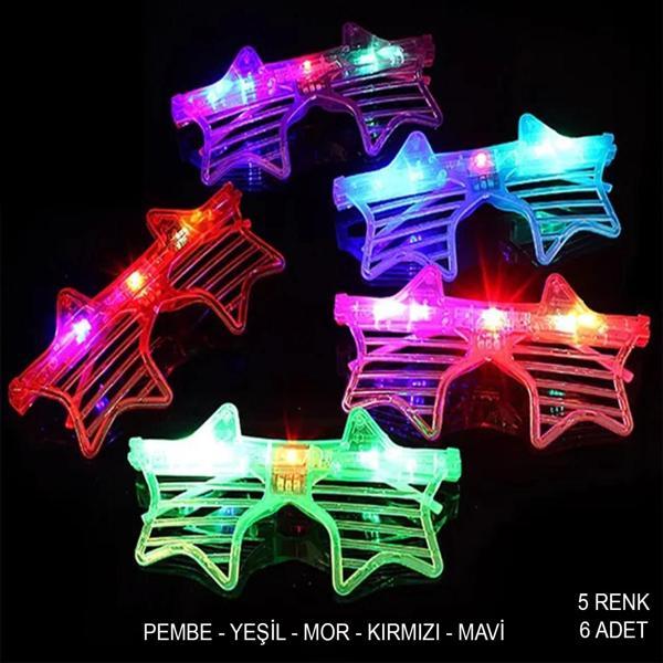Işıklı Yıldız Şekilli Led Parti Gözlüğü 5 Renk 6’lı Set - Image 1