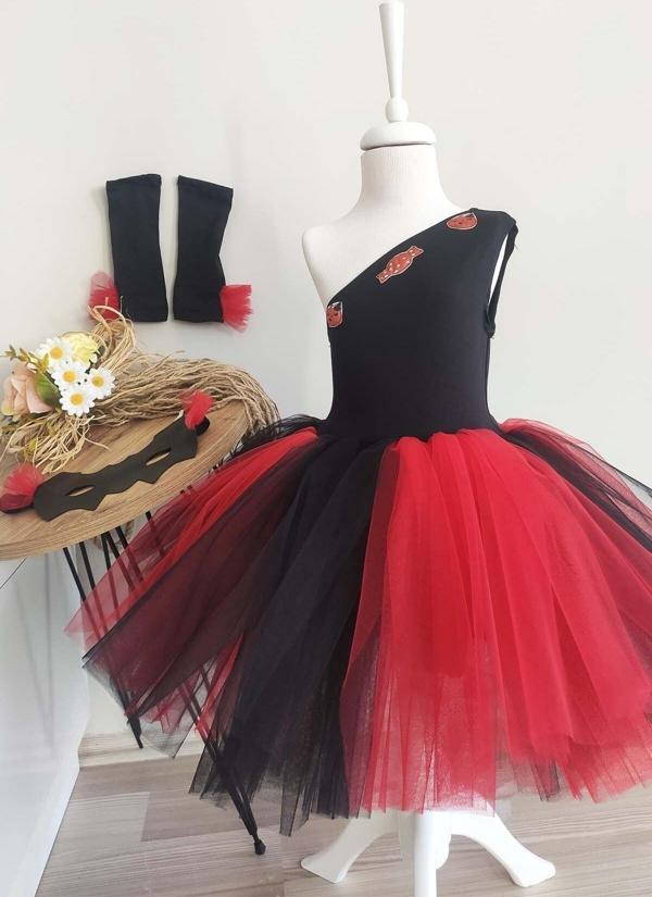 Shecco Babba Siyah Tek Omuz Halloween Kız Çocuk Elbise 3'lü Set, Doğum Günü Elbisesi 1 Yaş Renkli - Image 1