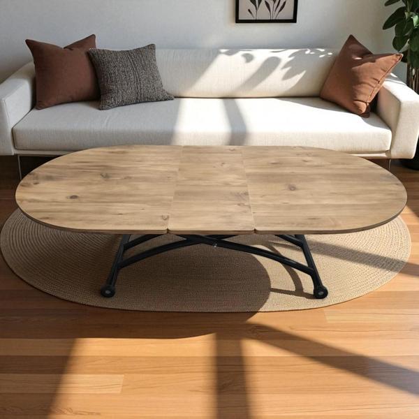 Oval Ortadan Açılır Akıllı Masa Üst Mdf Efesçam Alt Ayak Siyah Renk - Image 1