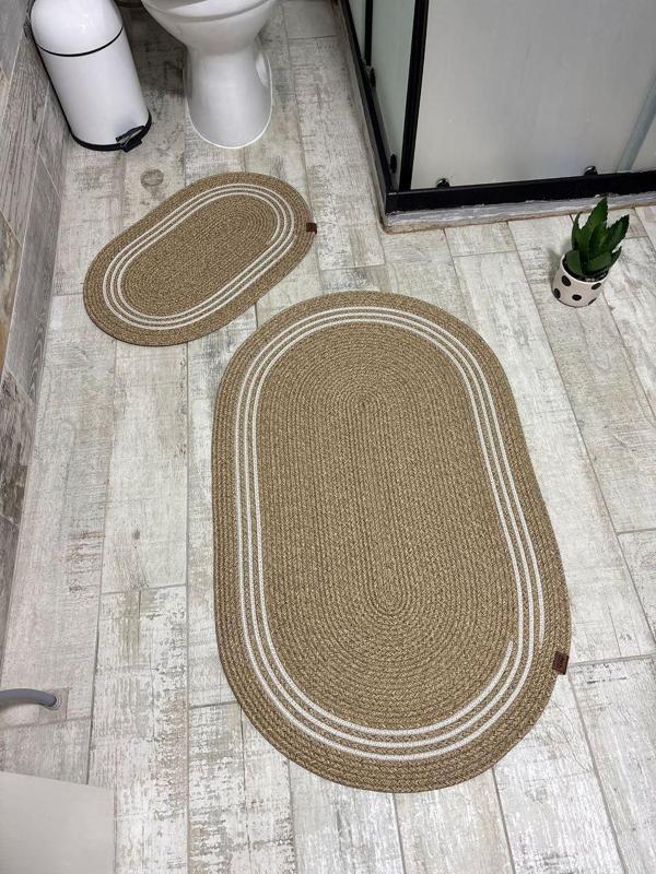 Jüt Hasır 2li Banyo Paspas Takımı-Bej Ortası Aralıklı Beyaz - Image 1