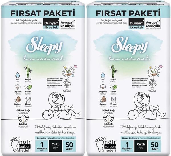 Sleepy Bebek Bezi Bio Natural Beden:1 (2-5KG) Yeni Doğan Newborn 100 Adet Ekonomik Fırsat Pk - Image 1