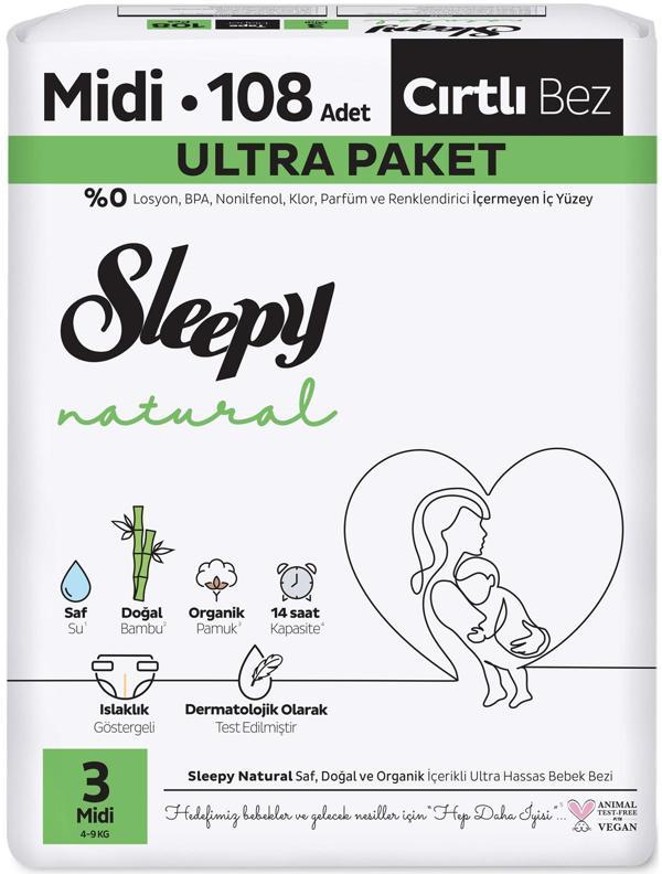 Sleepy Bebek Bezi Natural Beden:3 (4-9KG) Midi 108 Adet Ultra Pk - Image 1