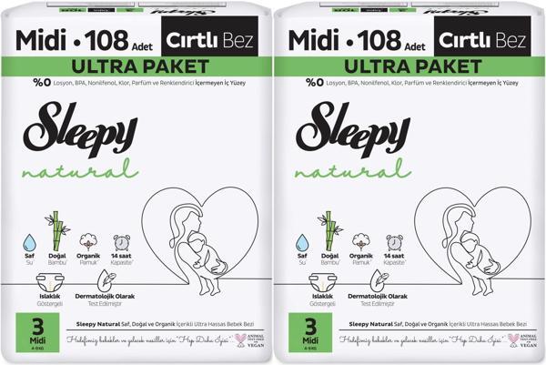 Sleepy Bebek Bezi Natural Beden:3 (4-9KG) Midi 216 Adet Ekonomik Ultra Pk - Image 1