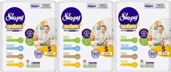 Sleepy Bebek Bezi Extra Beden:5 (11-18Kg) Junior 240 Adet Aylık Ultra Pk (3PK*80) - Image 1