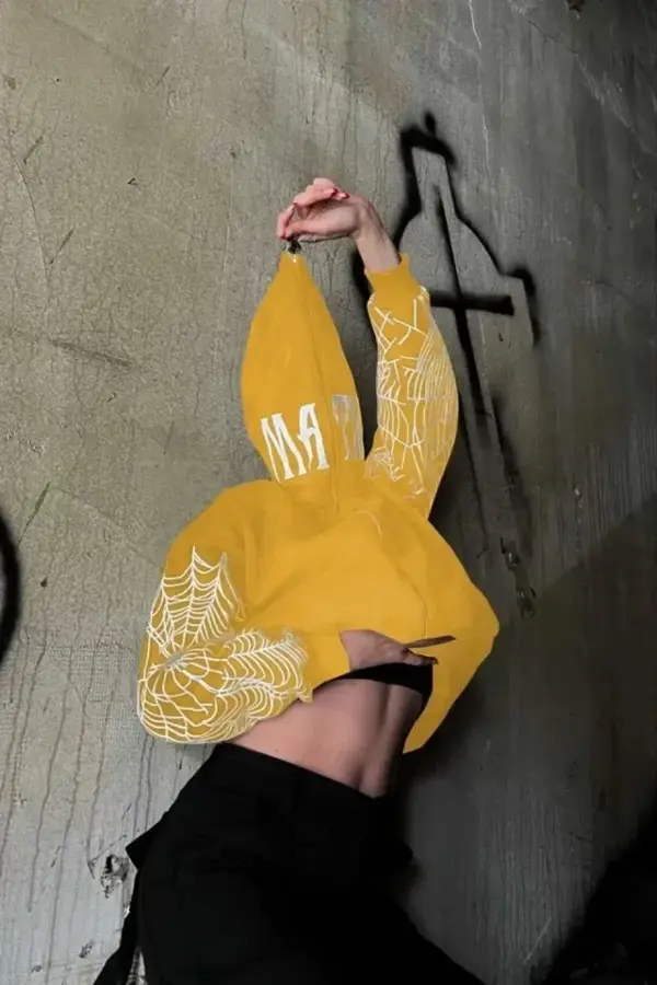 İki İplik Örümcek Baskılı Oversize Hırka - Sarı - Image 1