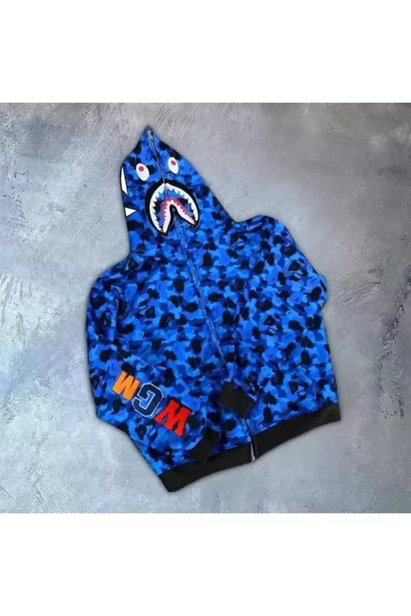 Erkek 2 İplik Bape Kapüşonu Fermuarlı Hırka - Mavi - Image 1