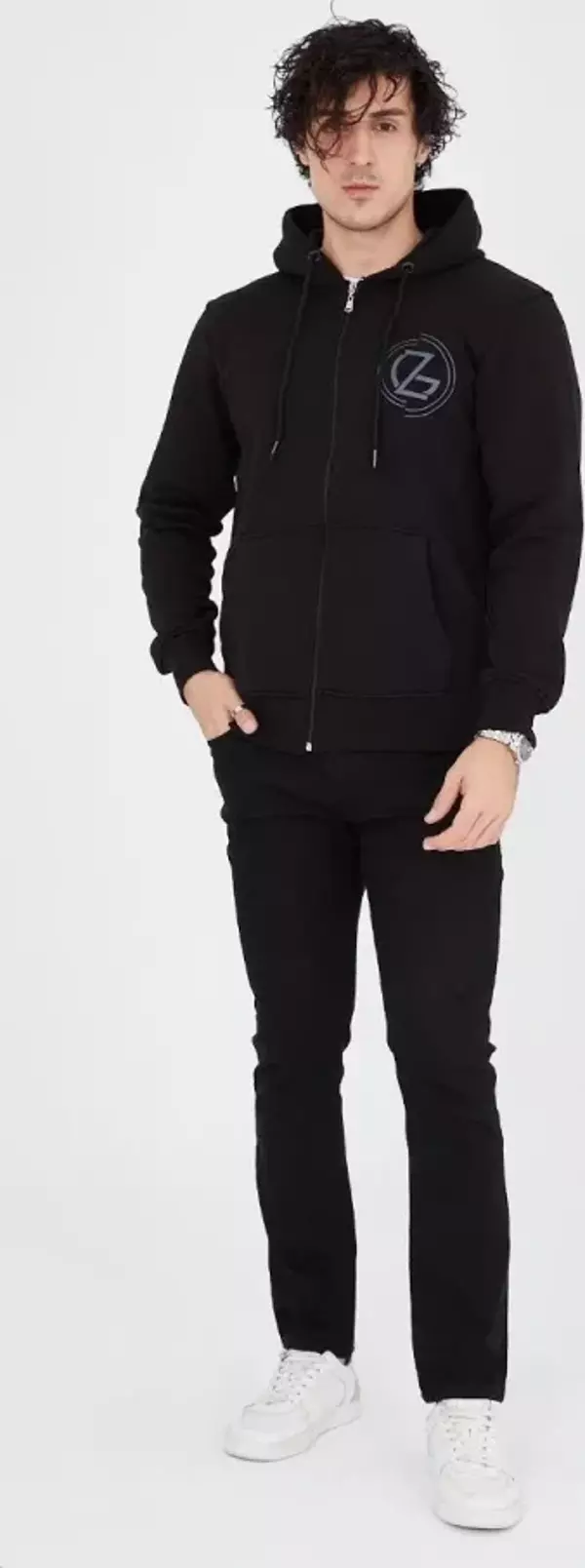 Erkek Kapüşonlu Baskılı Fermuarlı Hırka - Siyah - Image 1